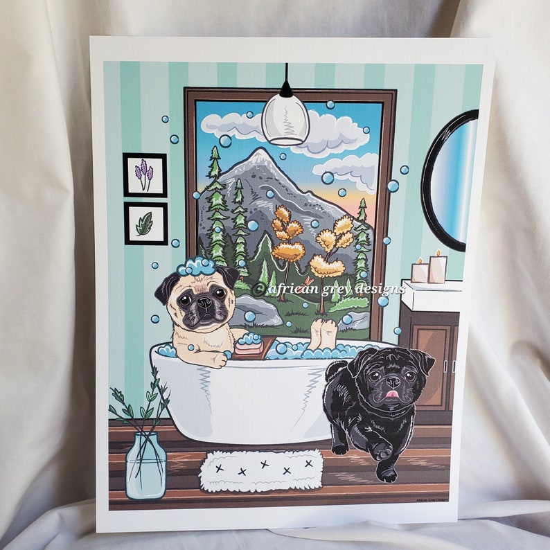 Mountain Bathroom Pugs Eco-Friendly 8x10 Print on Recycled Linen Paper image 1