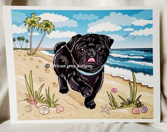 Seashell Beach Black Pug - 8x10 Eco-friendly Print on Linen Paper