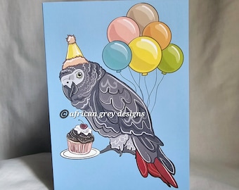 African Grey Parrot 'n Balloons Greeting Card