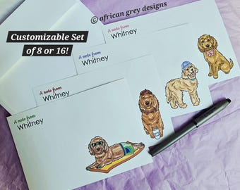 May include: A customizable stationery set featuring white notecards with illustrated dogs. Each card is printed with "A note from Whitney." The set includes a pen and the text "Customizable Set of 8 or 16!"