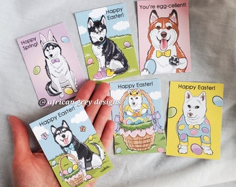 Easter Husky Valentines - Mini Eco-friendly Set of 6 Printed on Recycled Linen Paper