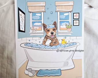 Seaside Bath Red Heeler - Eco-Friendly 8x10 Print on Recycled Linen Paper