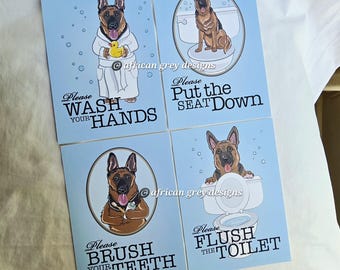 German Shepherd Bathroom Prints - 5x7 Set of 4 - Printed on Recycled Linen Paper