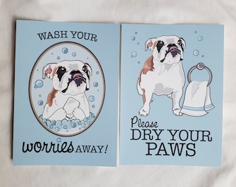 English Bulldog Bathroom Prints - Wash and Dry Your Paws - 5x7 Eco-friendly Pair