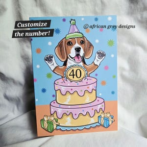 Custom Birthday Cake Beagle Greeting Card - Customize with Your Age Number