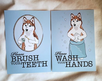 Red Siberian Husky Bathroom Prints - 5x7 Pair of 2