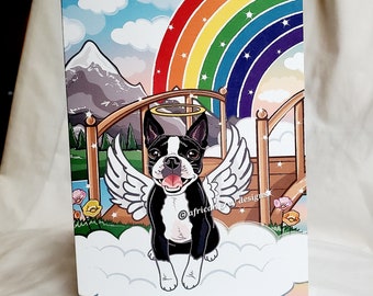 Rainbow Bridge Boston Terrier Angel Greeting Card