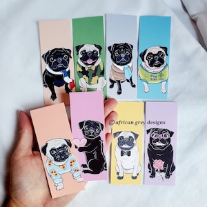 Mini Pug Bookmarks - Eco-friendly Set of 8 - Printed on Recycled Linen Paper