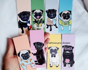 Mini Pug Bookmarks - Eco-friendly Set of 8 - Printed on Recycled Linen Paper