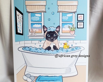 Seaside Bath Cat - Choose Your Fur Color - Eco-Friendly 8x10 Print on Recycled Linen Paper