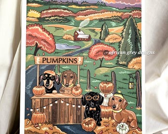 May include: A colorful illustration depicts a pumpkin stand run by dachshunds in a rural autumn scene. The sign reads "PUMPKINS". The dogs wear glasses and hats, surrounded by pumpkins and fall foliage. A small house and pond are in the background.