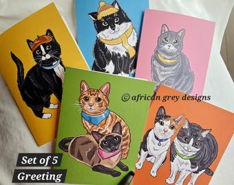 5 Pack Cat Greeting Cards - Linen Envelopes Included