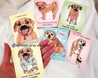 Puggle Valentine Cards - Mini Eco-friendly Set of 6 - Printed on Recycled Linen Paper