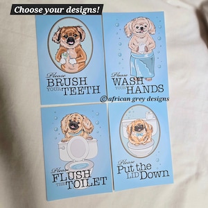 Pekingese Bathroom Prints - 5x7 Set of 4 Printed on Recycled Linen Paper