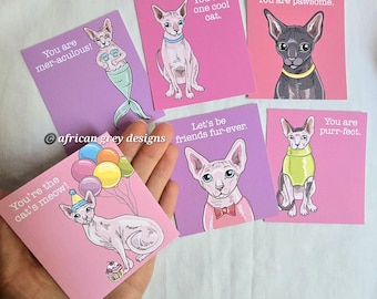 Sphynx Cat Valentines - Mini Eco-friendly Set of 6 Printed on Recycled Linen Paper - Hairless Cat