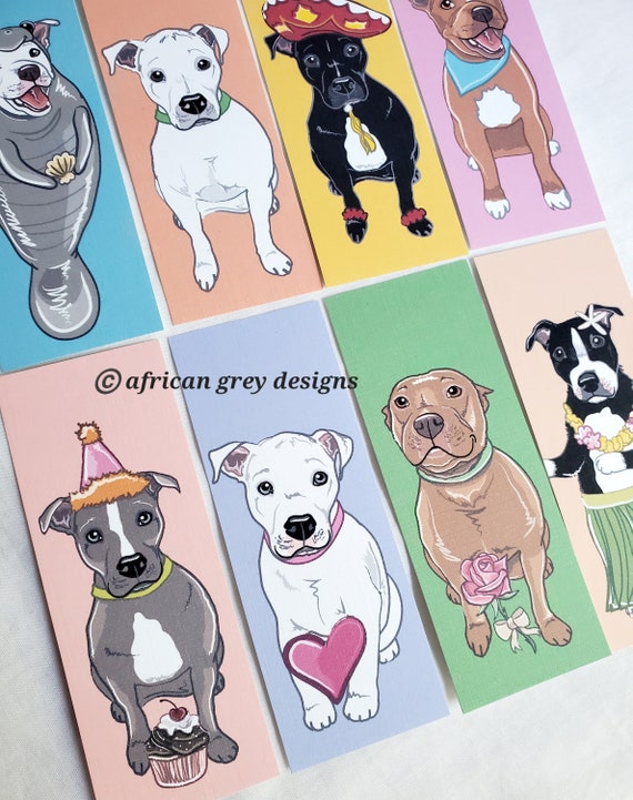 Mini Pit Bull Bookmarks Eco-friendly Set of 8 Printed on Recycled Linen  Paper 
