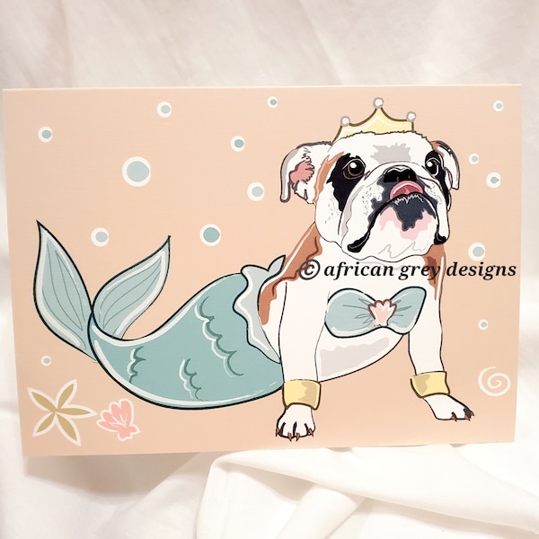 English Bulldog Beach Mermaid Greeting Card