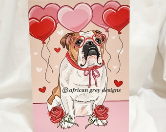 English Bulldog with Heart Balloons Greeting Card