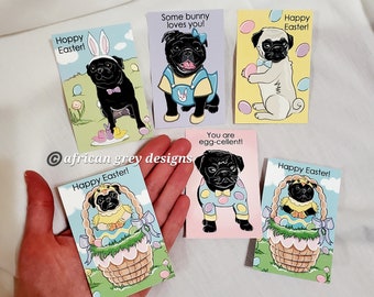 Easter Pug Valentines - Mini Eco-friendly Set of 6 Printed on Recycled Linen Paper