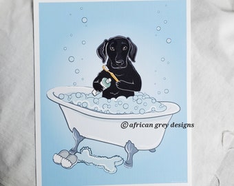 Bathtime Black Lab - Eco-Friendly 8x10 Print on Recycled Linen Paper