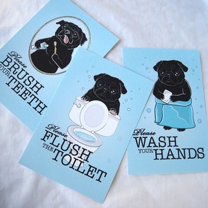 Black Pug Bathroom Prints - 4x6 Eco-friendly Set