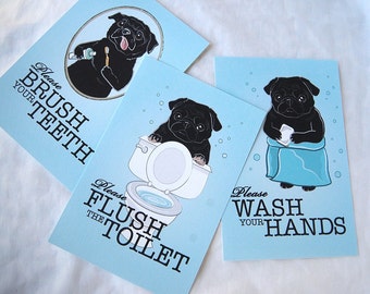 Black Pug Bathroom Prints - 4x6 Eco-friendly Set