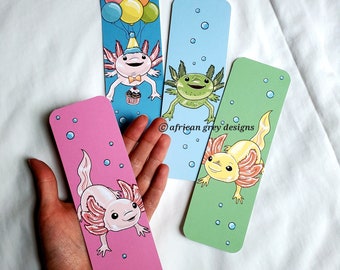 Large Axolotl Bookmarks - Eco-friendly Set of 4 - Printed on Recycled Linen Paper