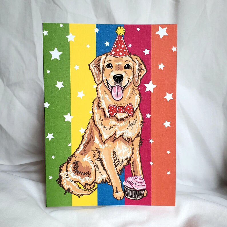 Birthday Golden Retriever Greeting Card Rainbow Background | Etsy