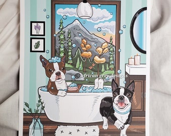 May include: Two Boston Terrier dogs enjoying a bubble bath in a white bathtub with blue bubbles. The dog in the tub is holding a bar of soap. The other dog is standing on the edge of the tub, looking at the viewer. The bathroom is decorated with a window view of a mountain landscape and a mirror.