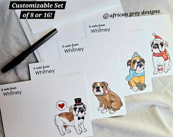 English Bulldog Stationery Set of 8 or 16 Notecards - Customizable - Linen Envelopes Included