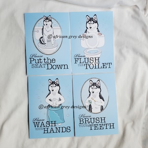 Siberian Husky Bathroom Prints - 5x7 Set of 4 Printed on Recycled Linen Paper