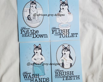 Siberian Husky Bathroom Prints - 5x7 Set of 4 Printed on Recycled Linen Paper