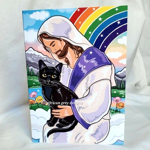 Black Cat in Arms of Jesus Greeting Card