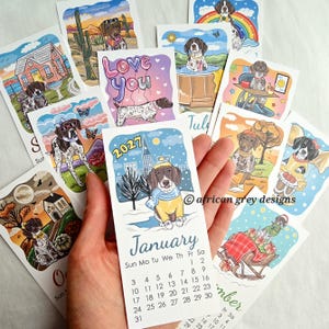 May include: A collection of illustrated cards featuring German Shorthaired Pointer dogs in various seasonal scenes, including a January 2027 calendar card showing a dog in a yellow sweater and blue scarf against a snowy city backdrop with the text African grey designs.