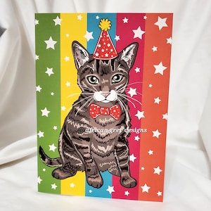 Tabby Cat Birthday Greeting Card - Rainbow Background