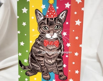 Tabby Cat Birthday Greeting Card - Rainbow Background