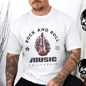 Rock and Roll Fire Guitar T-Shirt: California Music Shop Tee
