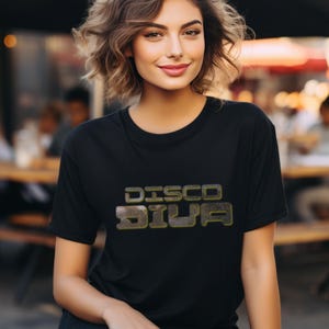 Disco Diva T-Shirt: Retro glitter Party Top, girls night out t
