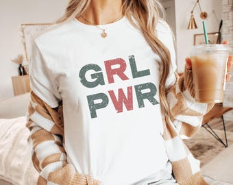 Girl Power T-Shirt: Retro feministisches GRL PWR T-Shirt, Frauenrechte-Shirt, Girl-Power-T-Shirt, minimalistische Damenkleidung