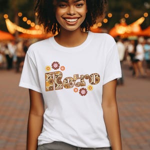 Camiseta estampa floral retrô dos anos 70, moda estilo anos 70, camisa florida