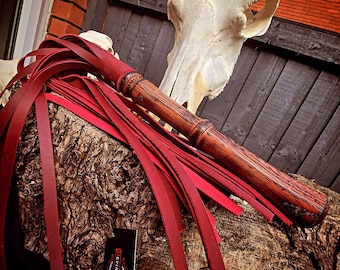 Red Leather Flogger with Burnt Crimson Oak Handle – Handmade by Deviant Creations