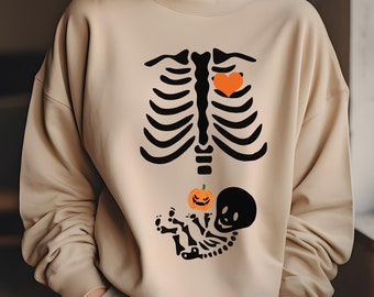 Cute Halloween Costume For Pregnant Women, Halloween Skeleton Outfit, Pumpkin Season Shirt, Spooky Pregnancy Announcement Sweatshirt, M2266
