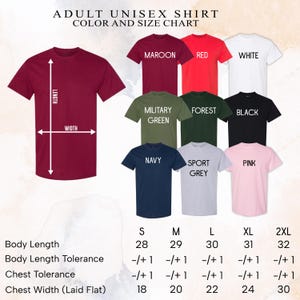 a color and size chart for adult unisex t-shirts, including various color options and corresponding sizes.