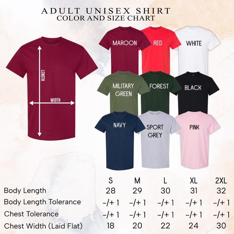 a color and size chart for adult unisex t-shirts, including various color options and corresponding sizes.