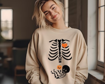 Cute Halloween Costume For Pregnant Women, Halloween Skeleton Outfit, Pumpkin Season Shirt, Spooky Pregnancy Announcement Sweatshirt, M2266