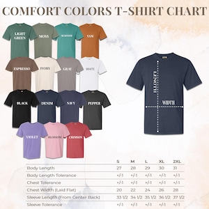 The image is a color t-shirt chart that provides a visual representation of various t-shirt colors and their corresponding sizes. The chart includes a list of different t-shirt colors and their corresponding sizes, along with a chart that shows the measurements for each color. The chart is designed to help customers easily identify and choose the right size of t-shirt based on their preferred color.