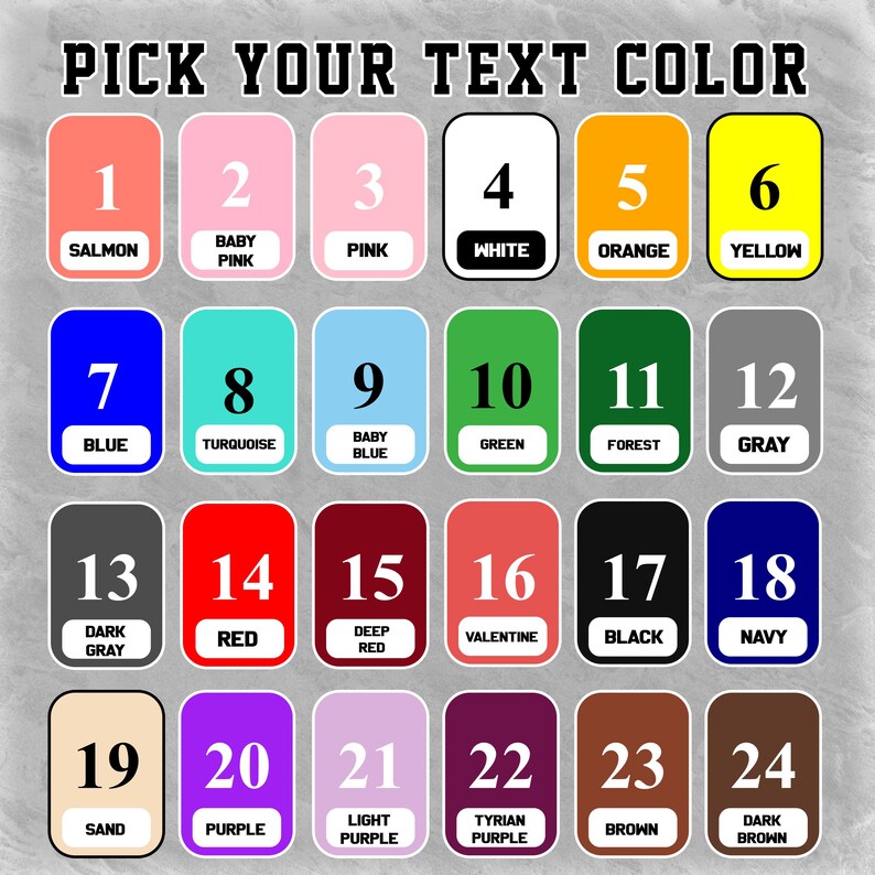 a grid of 16 color swatches, each representing a different text color. The swatches are organized in a 4x4 grid, with each row containing four color swatches. The swatches are labeled with numbers ranging from 1 to 24, indicating the color of each swatch. The image does not contain any text, only numbers and colors.