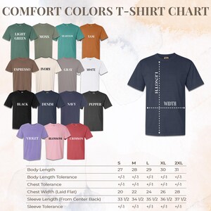 The image is a color t-shirt chart that provides a visual representation of various t-shirt colors and their corresponding sizes. The chart includes a list of different t-shirt colors along with their corresponding sizes, as well as a chart that shows the measurements of the t-shirt in inches. The chart is designed to help customers easily identify and choose the right size of t-shirt based on their preferred color.