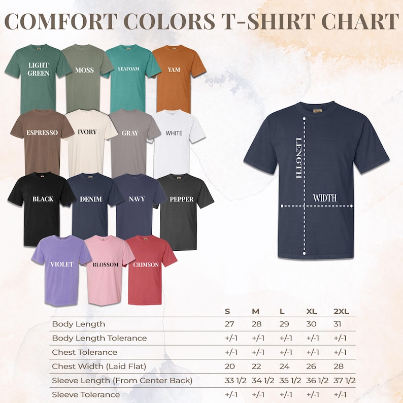The image is a color t-shirt chart that provides a visual representation of various t-shirt colors and their corresponding sizes. The chart includes a list of different t-shirt colors along with their corresponding sizes, as well as a chart that shows the measurements of the t-shirt in inches. The chart is designed to help customers easily identify and choose the right size of t-shirt based on their preferred color.