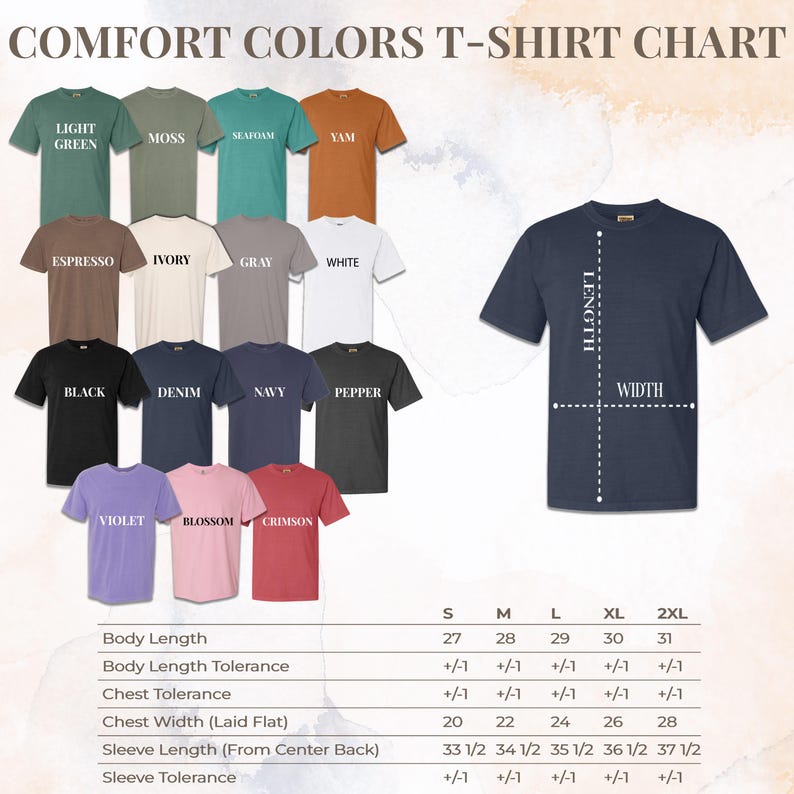 The image is a color t-shirt chart that provides a visual representation of various t-shirt colors and their corresponding sizes. The chart includes a list of different t-shirt colors and their corresponding sizes, along with a chart that shows the measurements for each color. The chart is designed to help customers easily identify and choose the right size of t-shirt based on their preferred color.